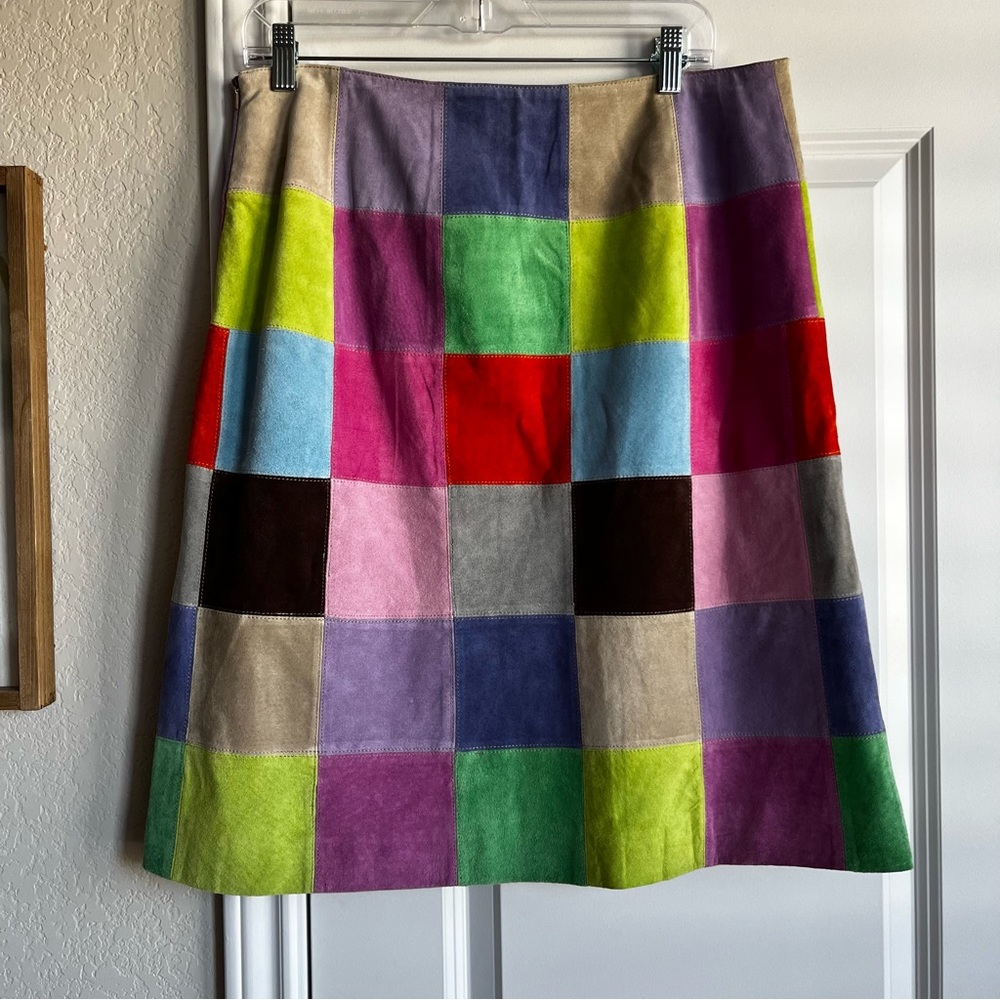 Isaac Mizrahi x target leather suede colorful patchwork knee length skirt